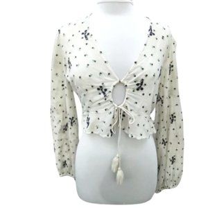 Free People Blouse Women's size Medium Ivory with Navy and Green Embroidery Boh